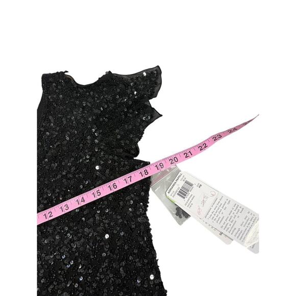Papell Boutique Evening 100% Silk Black Flutter Sleeve Fully Beaded Top M Petite - Picture 8 of 9